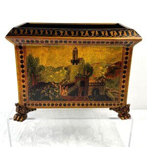 Decorative 6.5" Metal Planter Storage Box Brown Gold Landscape Scene Lion Feet